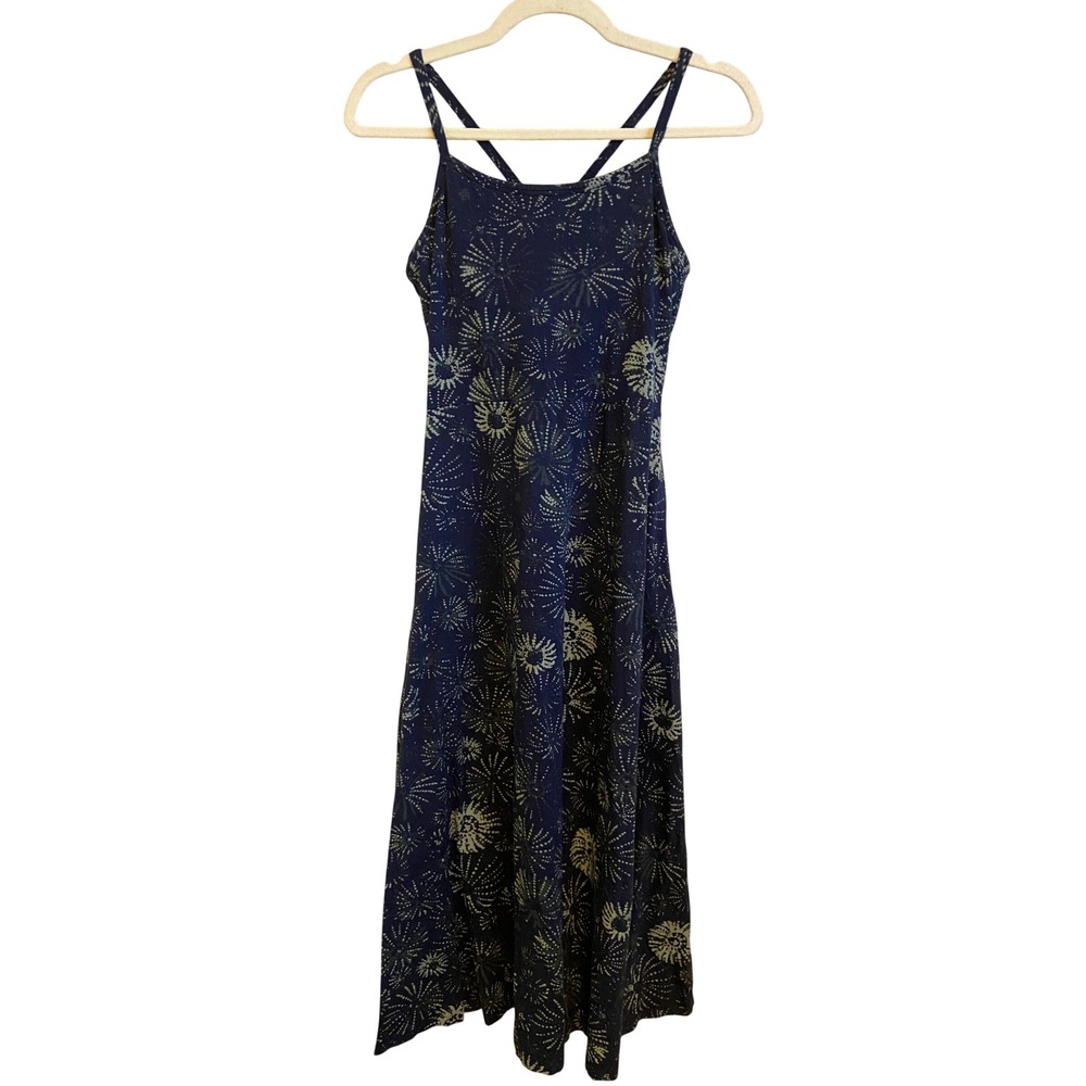 Pact Organic Cotton Midi Dress Navy Blue Sunburst Print Strappy Back Size M